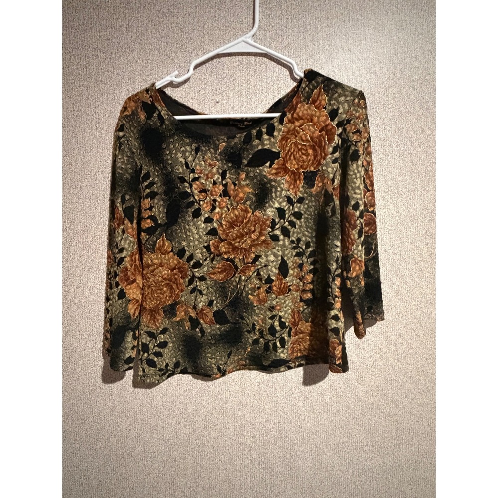 Brittany Black Petite Floral Burnout Velvet Blouse Metallic Gold Copper Top 3/4